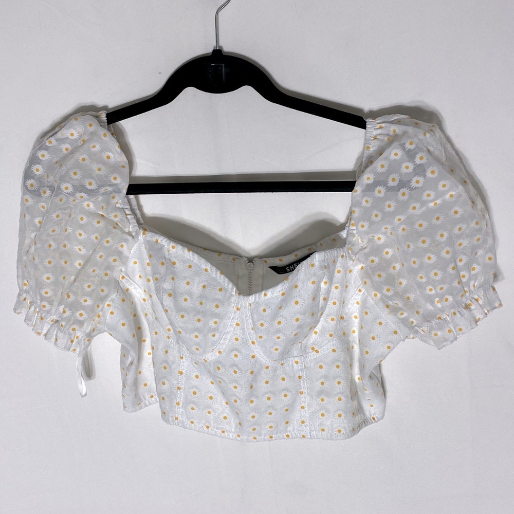 5/$25 SHEIN White Daisy Print Puff Sleeve Smocked Cropped Blouse L - Picture 16 of 16